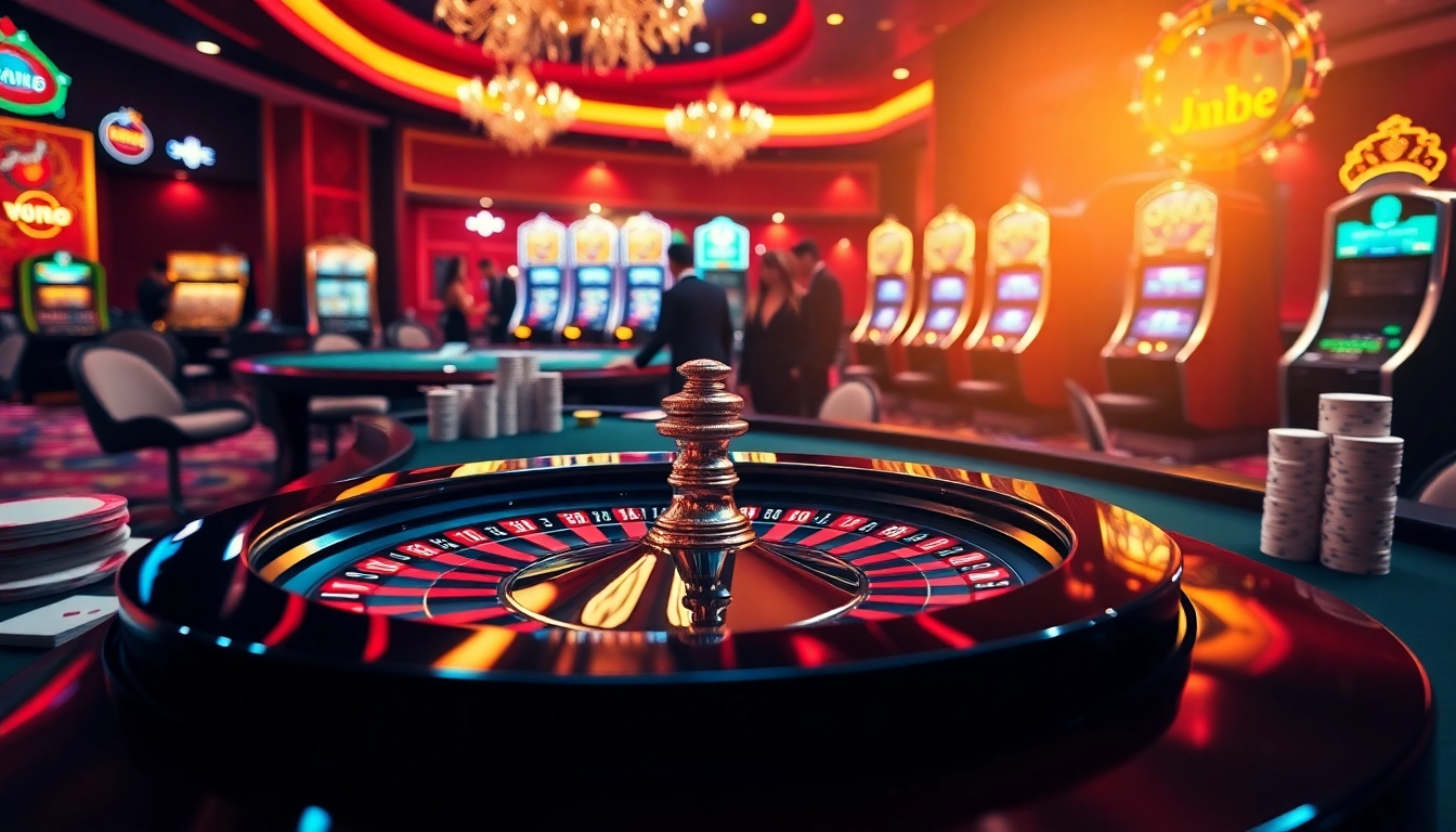 Engage in the thrill of gambling at https://jun88.buzz/ with a vibrant roulette table surrounded by excited players.