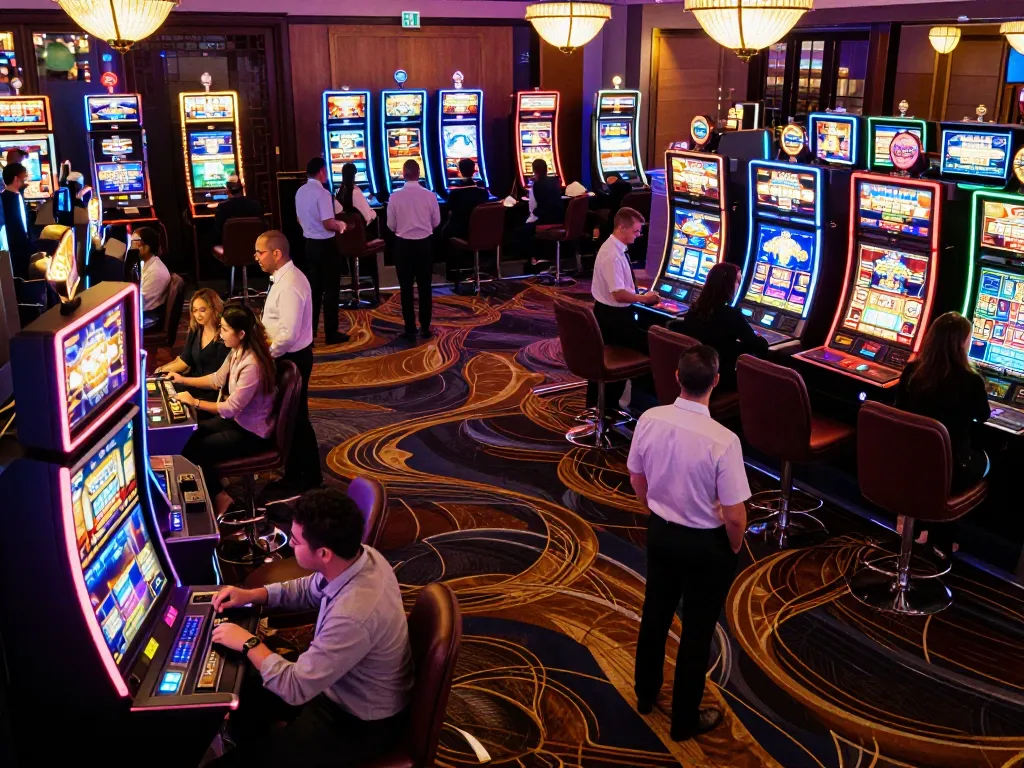 Players enjoying vibrant slot games at betbet casino, surrounded by colorful machines and lively atmosphere.