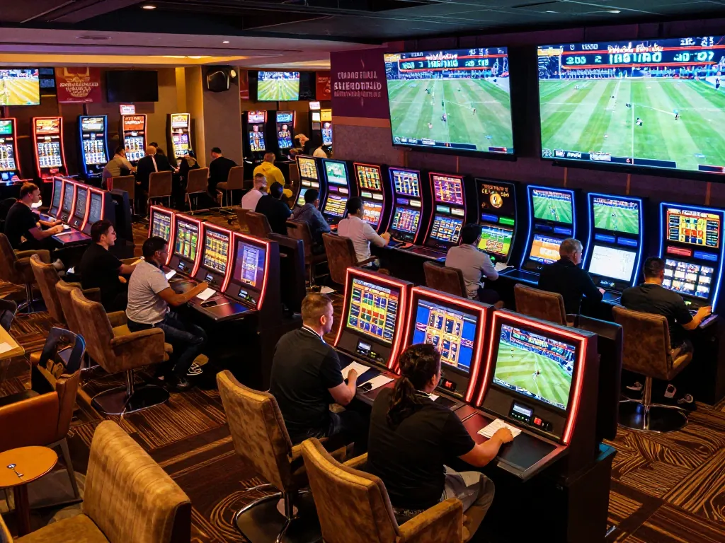 Experience the thrill of tỷ lệ kèo nhà cái hôm nay in an engaging sports betting lounge with live events and excited patrons.
