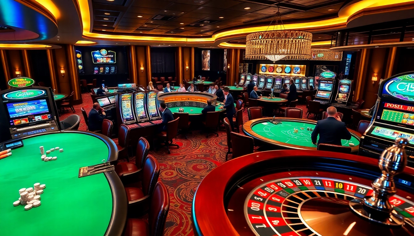 Players enjoying a vibrant gaming experience at 8day Casino with poker tables and slot machines.