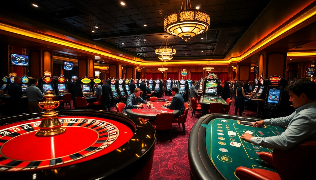 Experience the vibrant atmosphere of mb66 casino gaming with luxurious tables and excited players.