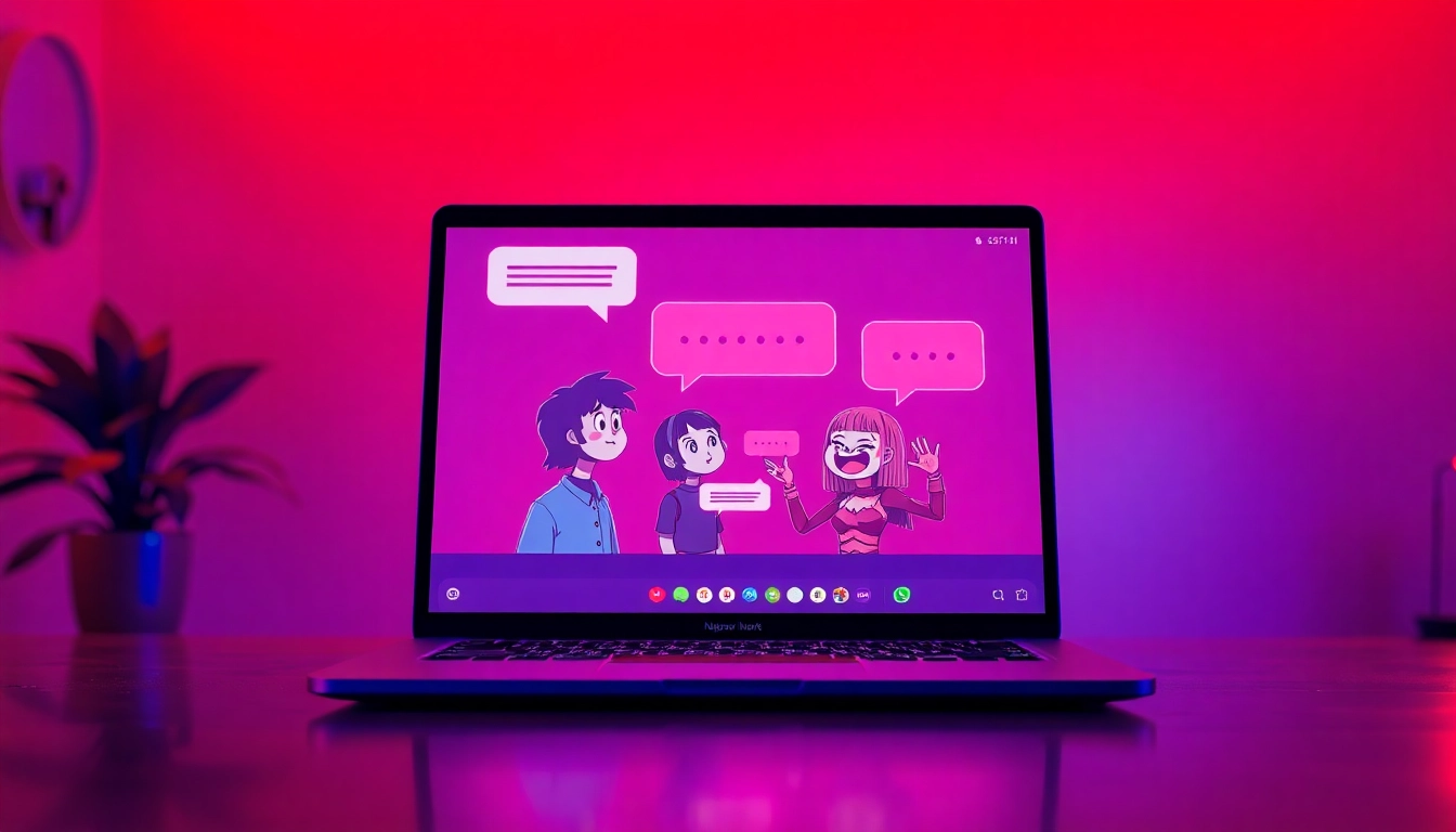 Interactive nsfw ai chatbot interface with vibrant character designs and dynamic chat bubbles.