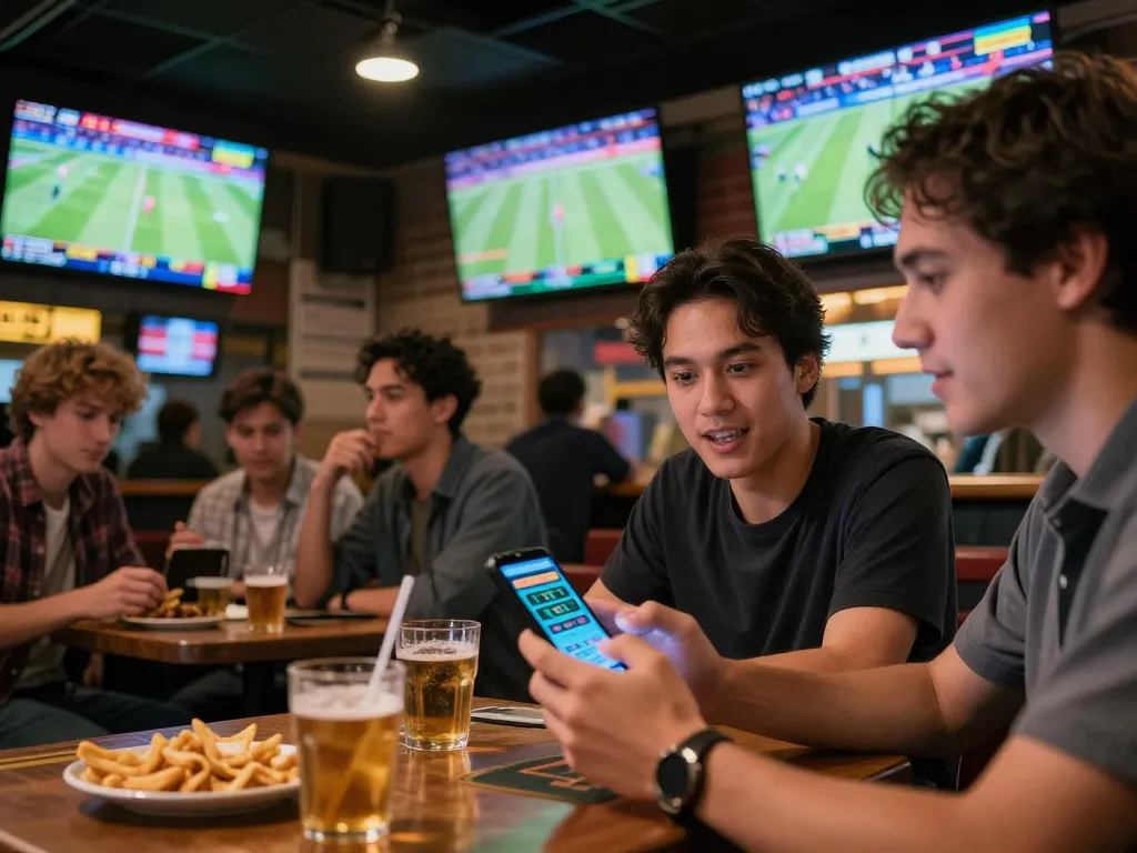 Engaged sports bettor using a mobile app for keonhacai betting while enjoying lively atmosphere.