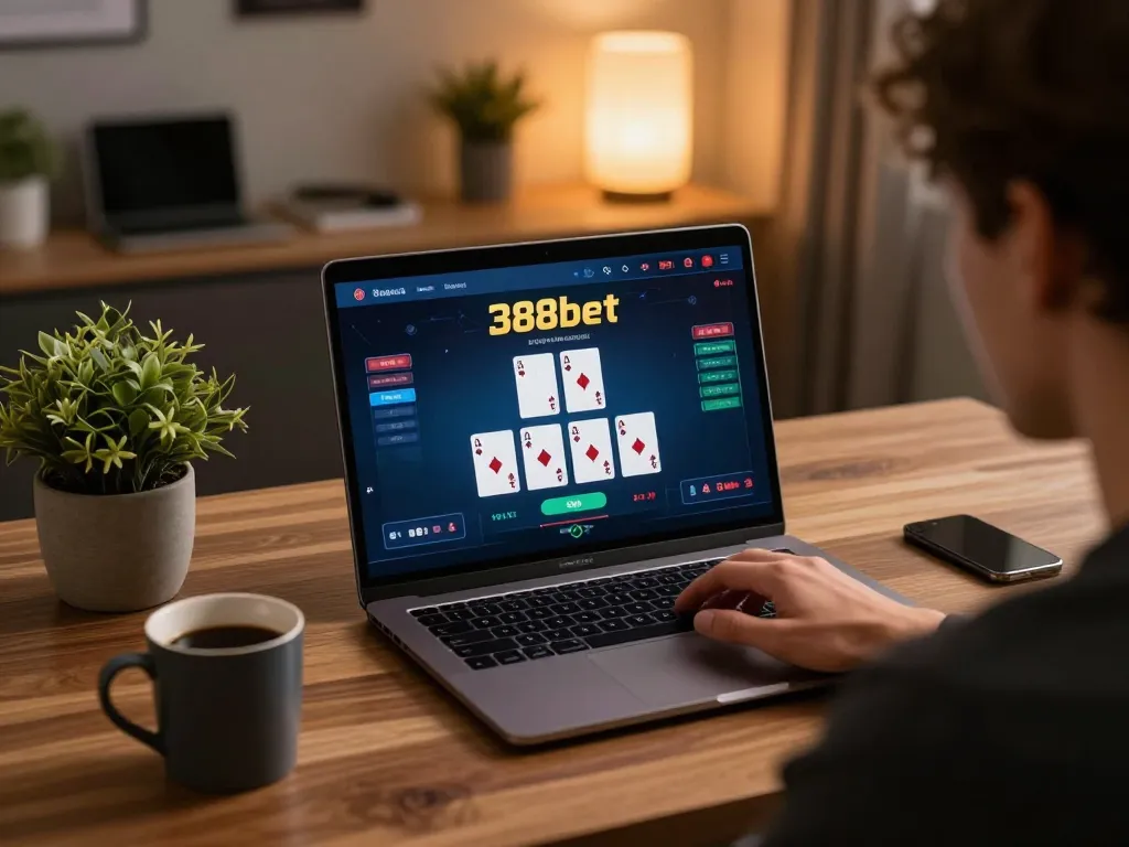 Engaging online poker session on 388bet showcasing strategic gameplay on a laptop