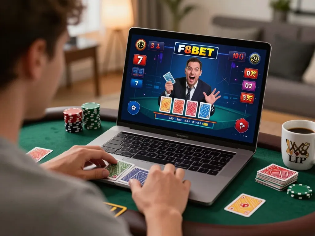 Player enjoying F8BET online blackjack, showcasing excitement and strategic gameplay at home.