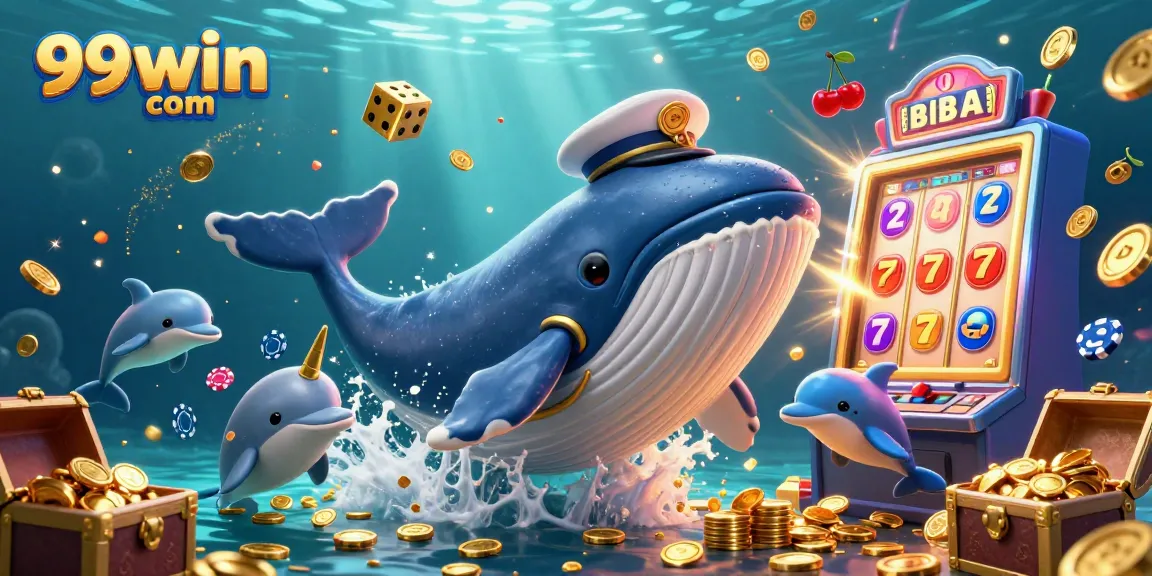 Engage with 99win com as a whale breaching in coins surrounded by lively casino elements.