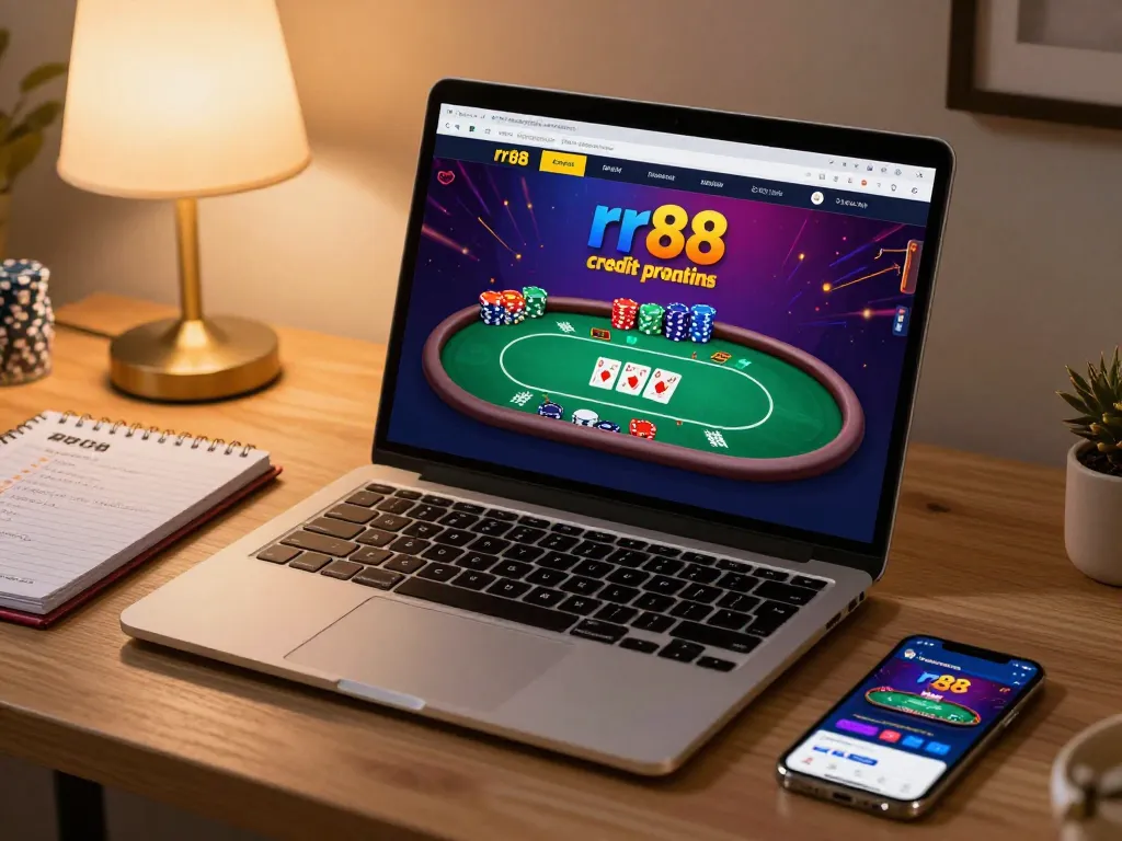 Enjoy thrilling online gaming with rr88 credit at cozy home setting, showcasing poker action and strategic notes.