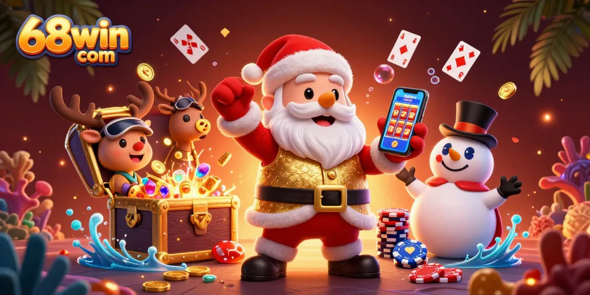 Experience thrilling gameplay at 68win com with Santa Claus showcasing jackpot slots alongside fun characters in a vibrant casino.