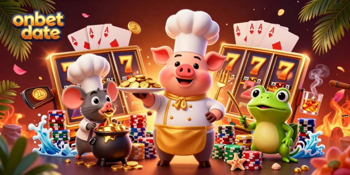 Join the action at onbet date while a chef pig serves coins and a frog critiques the scene.