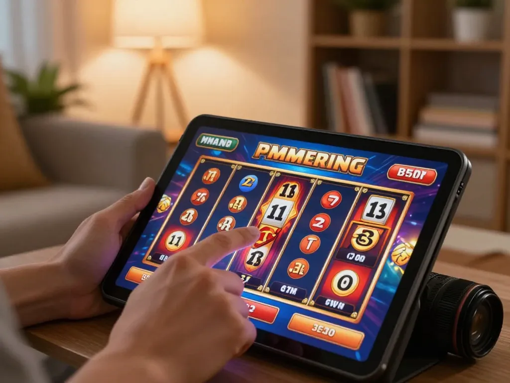 Player spins reels in vibrant online situs slot game at home, showcasing engaging casino experience.