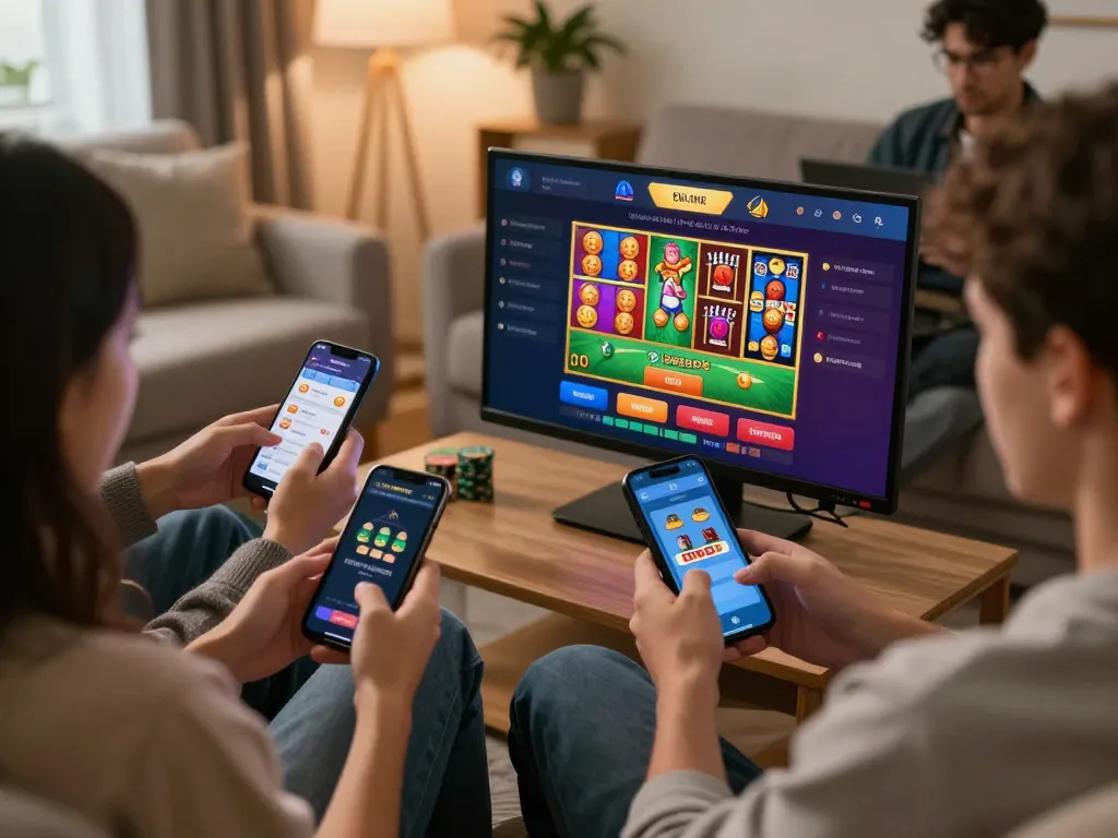 Players engaging in online 99win gambling on their devices, showcasing relaxed home gaming atmosphere.