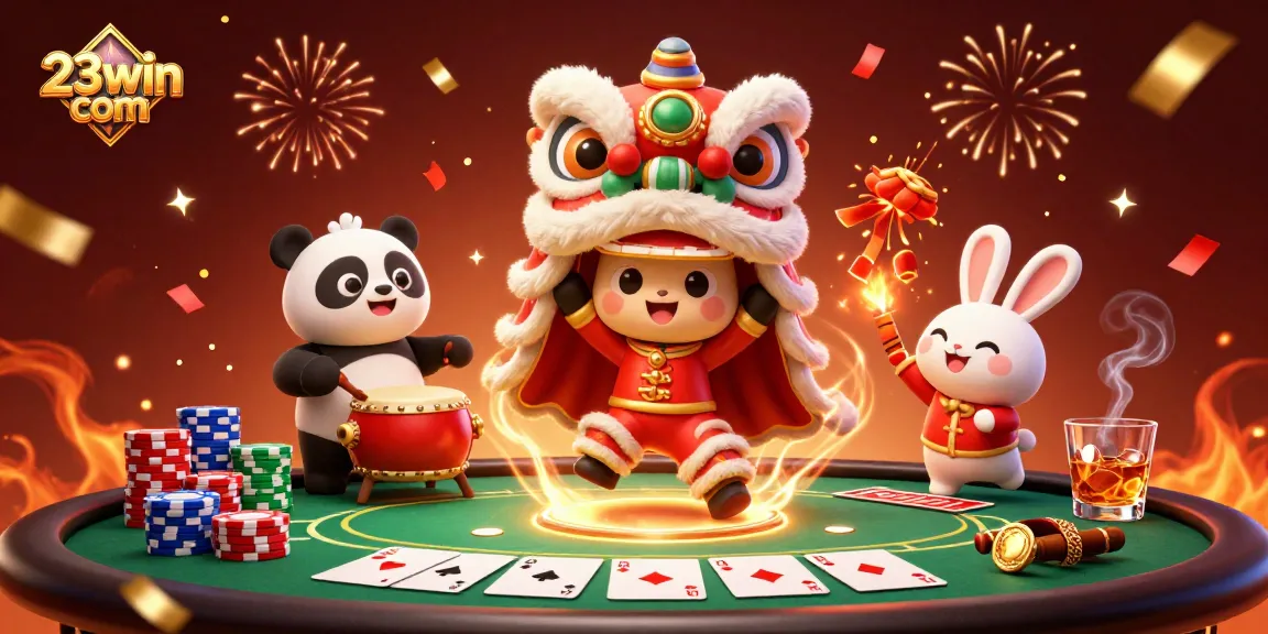 Engage with 23win com's thrilling casino experience featuring dynamic poker elements and festive characters.