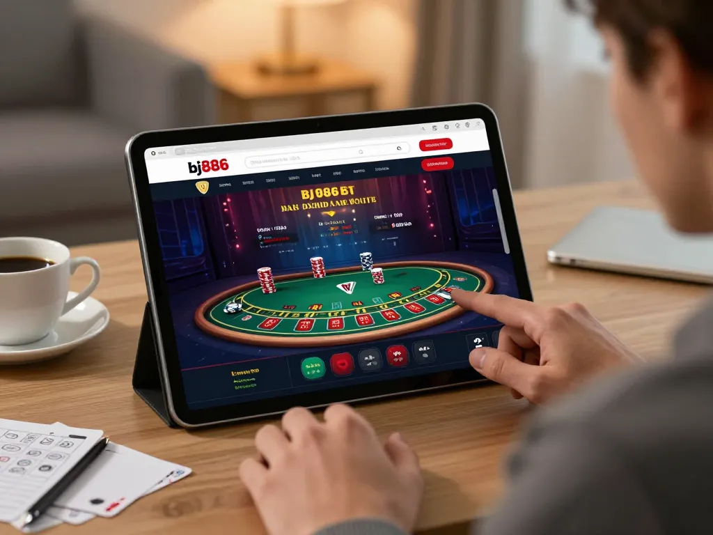 Experience strategic blackjack with bj886 on a tablet in a cozy home setting.