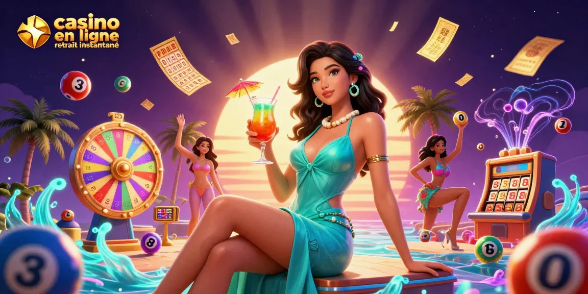 Découvrez l'excitation du casino en ligne retrait instantané illustrée dans une scène de plage vibrante avec des éléments de jeu colorés.