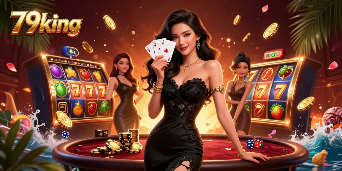 79king showcases exhilarating gameplay with an elegant Asian woman holding ace cards amid vibrant casino elements.