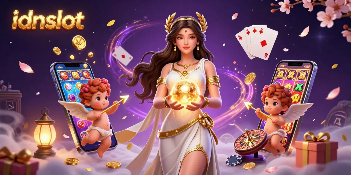 Experience gaming magic with idnslot as the 3D goddess and cherubs surround lively slot elements.