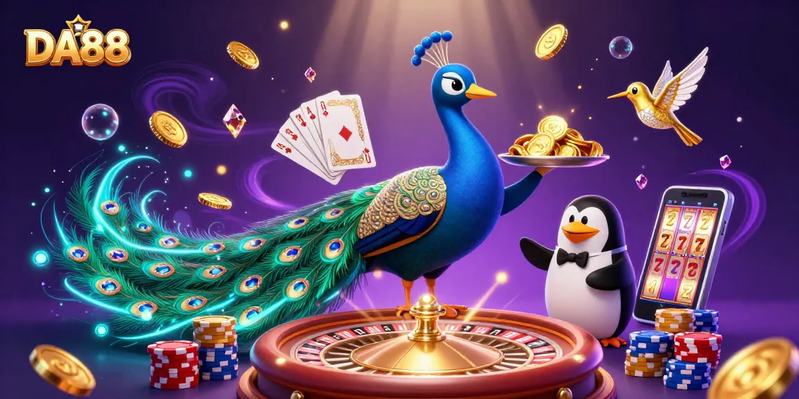 Engage in thrilling gameplay with DA88 at vibrant casino, featuring peacock, penguin, gems, and dynamic elements.