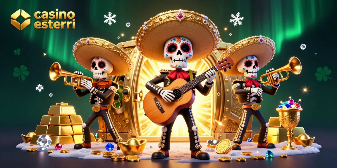 Gioca e vinci al casino online esteri con una vivace band mariachi di scheletri in mezzo a tesori d'oro e un'atmosfera festiva.
