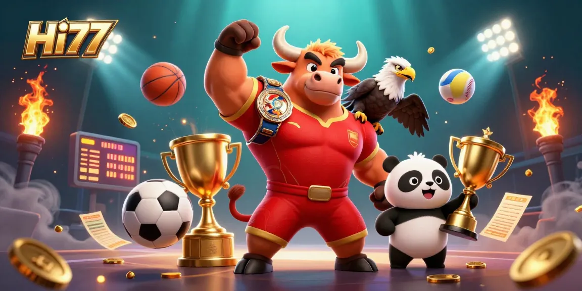 Hi77 showcases an immersive 3D victory scene with sports characters celebrating big wins in online gambling.