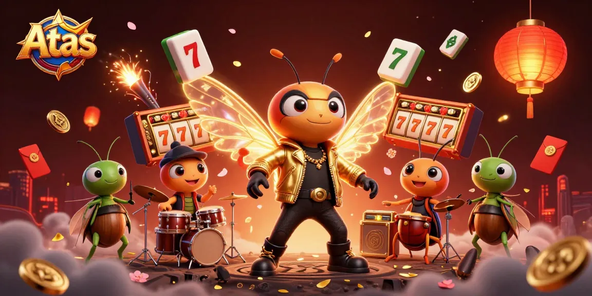 Win big at Atas Casino with a vibrant 3D scene showcasing exciting slot games and festive decorations.