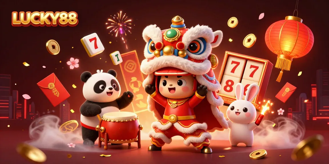Engage with LUCKY88 slot game action in a lively 3D illustration featuring Chinese symbols.