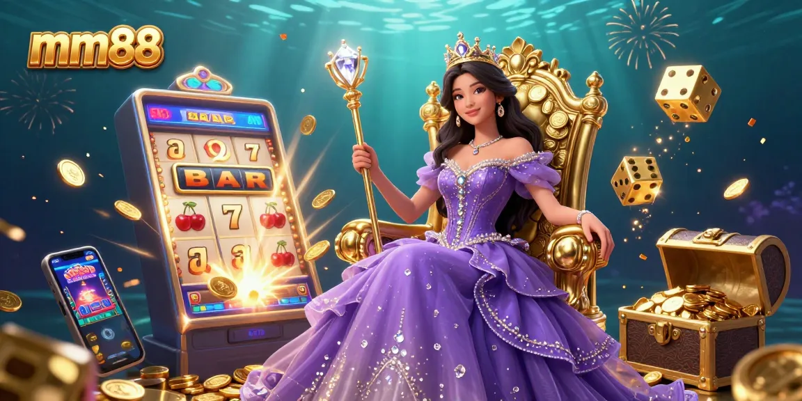 Experience the excitement of mm88 as a regal princess holds her scepter amidst a jackpot explosion.