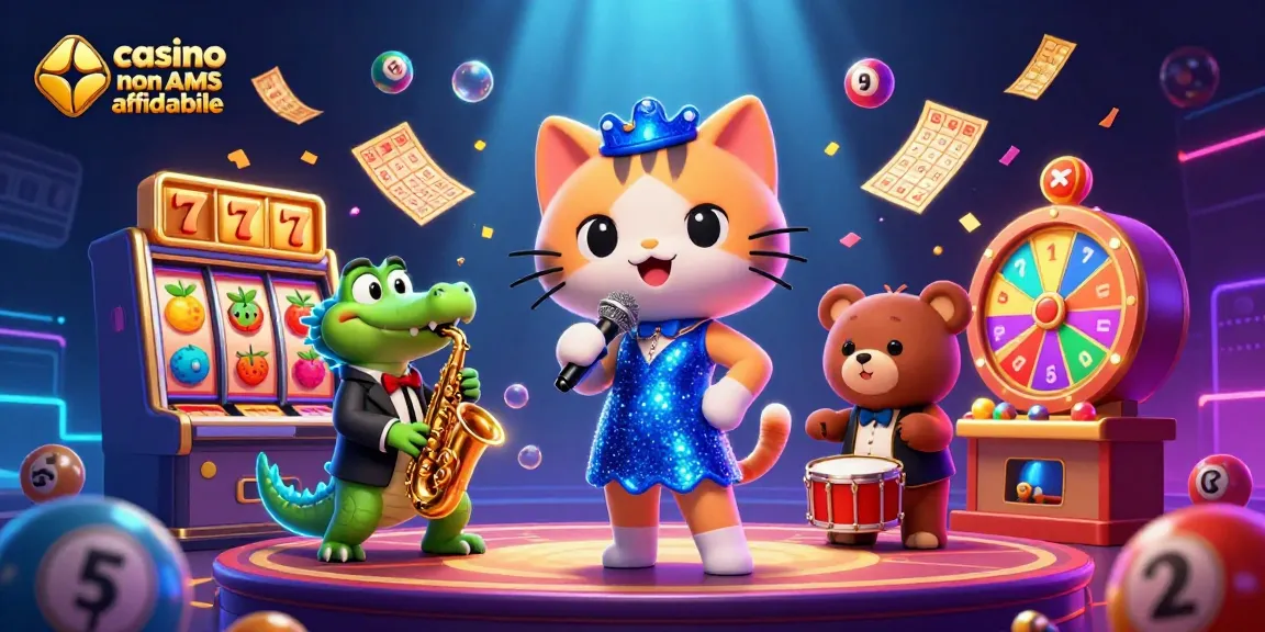 Goditi una vivace scena da casinò che mostra un gatto cantante jazz e amici che celebrano il gioco nei casinò non AAMS affidabili.