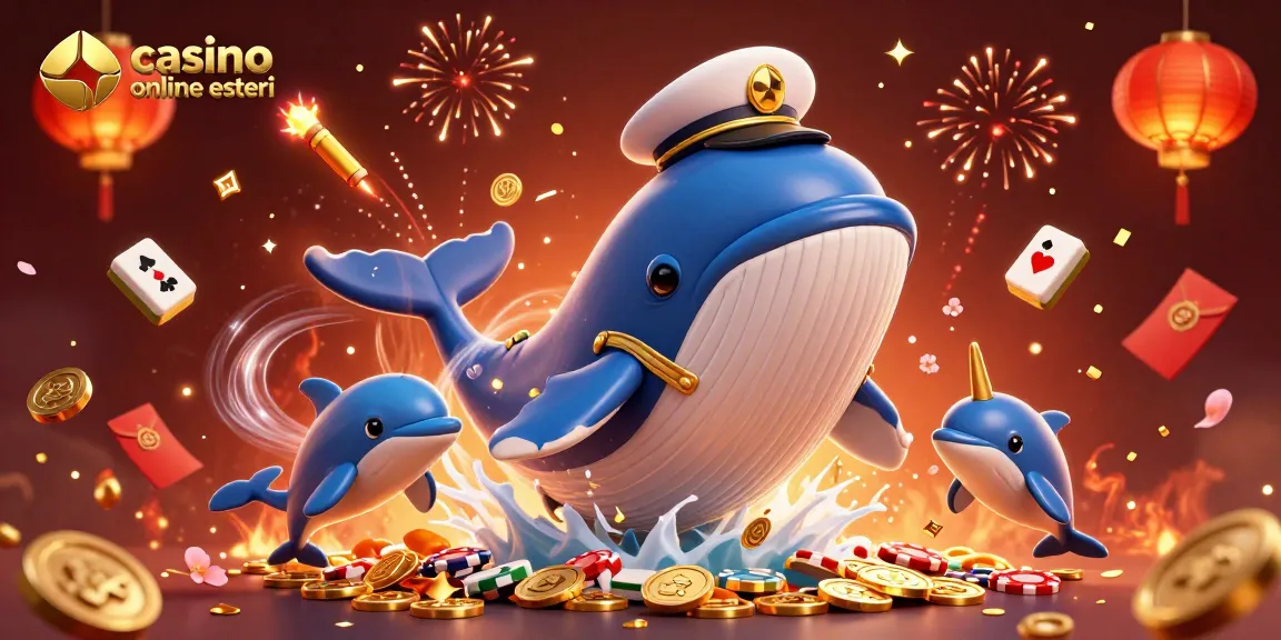 Interagisci con casino online esteri in una scena vibrante di una balena e delfini circondati da elementi festivi di gioco d'azzardo.