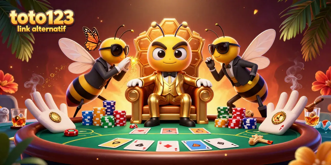 Toto123 link alternatif showcases a dynamic 3D illustration of gambling excitement with cartoon characters and gaming elements.
