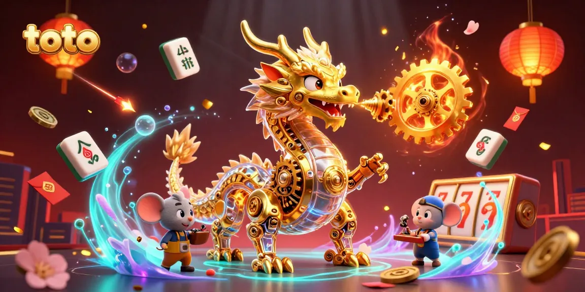 Experience thrilling toto gameplay with a golden dragon amidst vibrant casino elements.