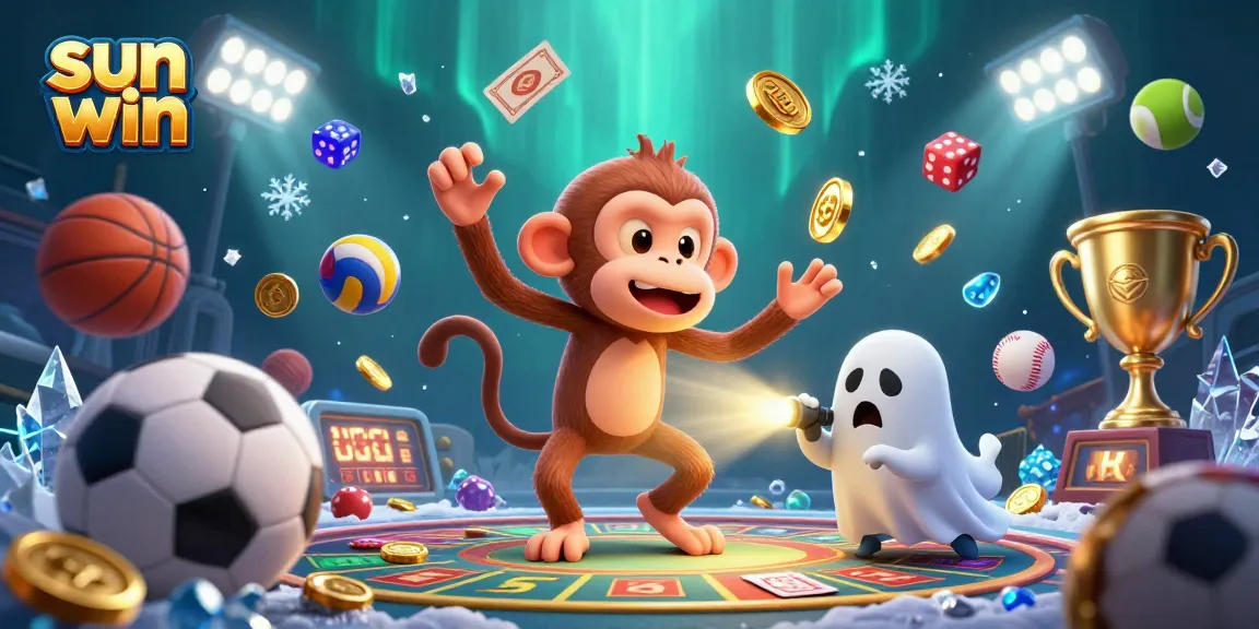 Experience excitement with sun win as a mischievous monkey juggles winning coins and cards in a haunted casino.