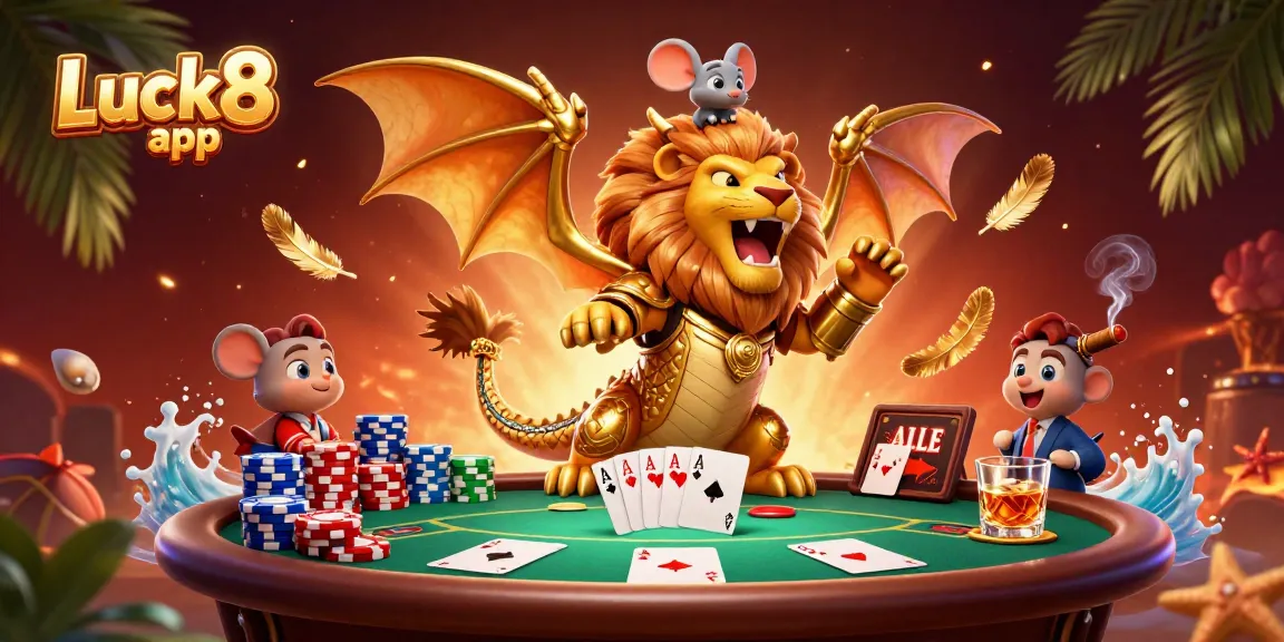 Experience thrilling poker gameplay with the Luck8 app in this vibrant illustration featuring a chimera.