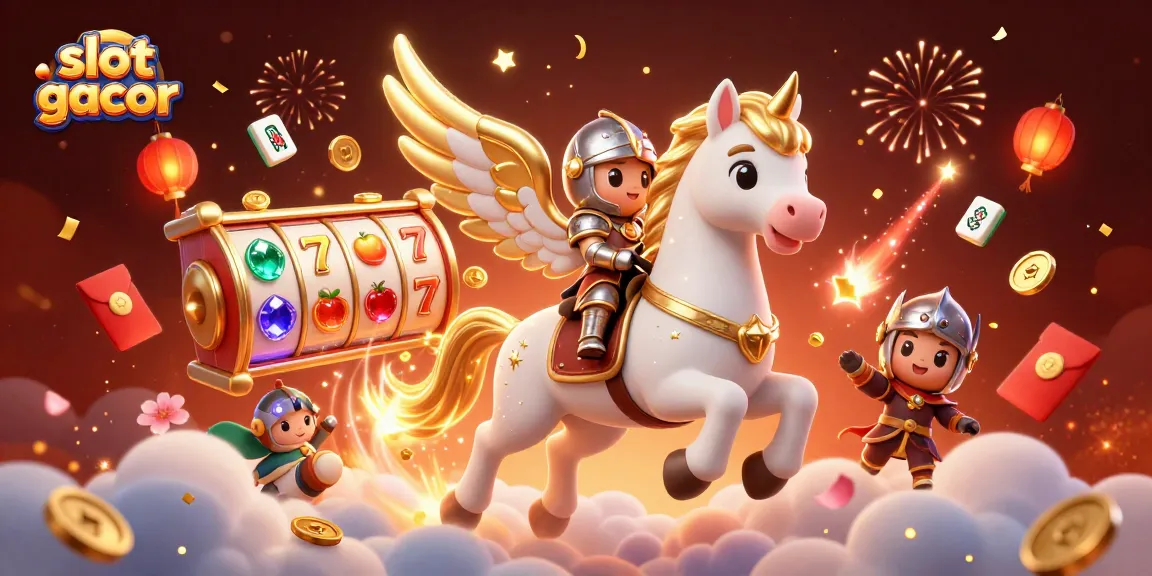 Experience slot gacor excitement with vibrant 3D illustration showcasing jackpot reels and celestial characters.