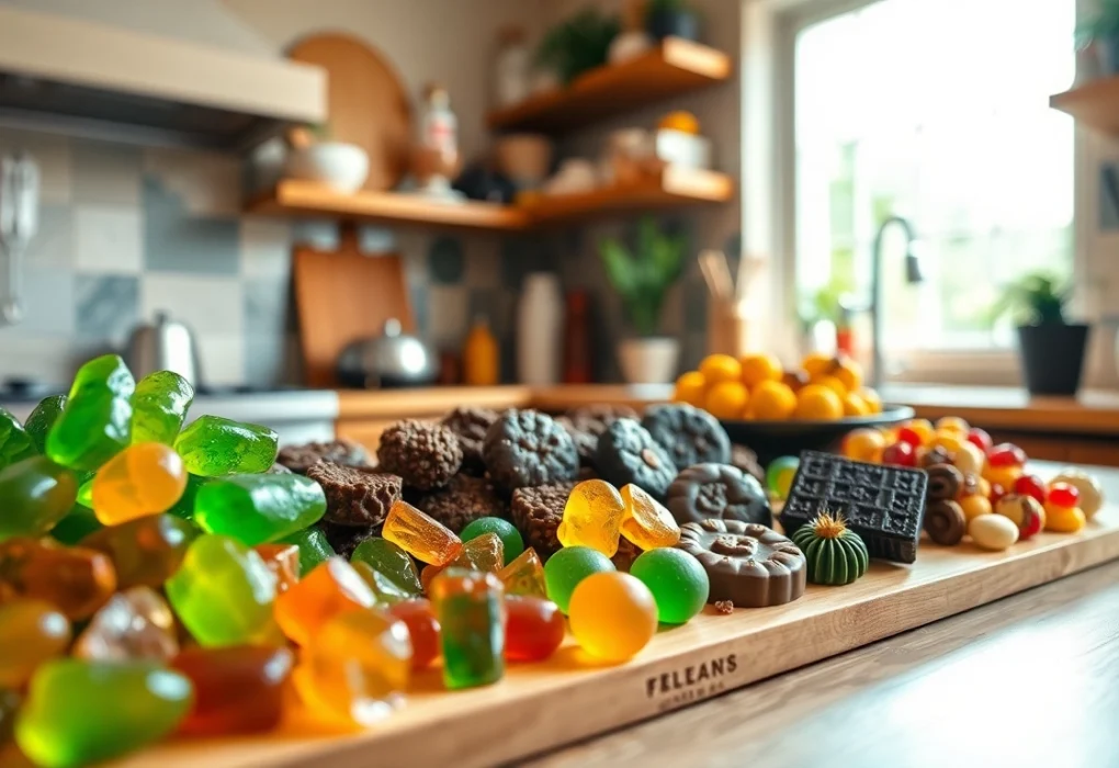 Vibrant and diverse selection of edibles weed showcased in an inviting kitchen setting.