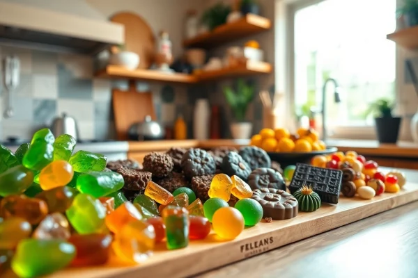 Vibrant and diverse selection of edibles weed showcased in an inviting kitchen setting.