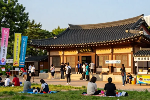 Visitors engaging with 상봉동 한국관, experiencing Korean culture in a vibrant urban setting.