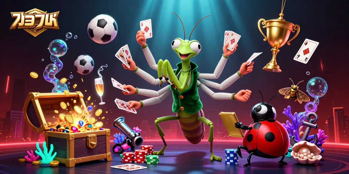 Bet on แทงบอล with a vibrant casino scene featuring a giant praying mantis dealer and sports elements.