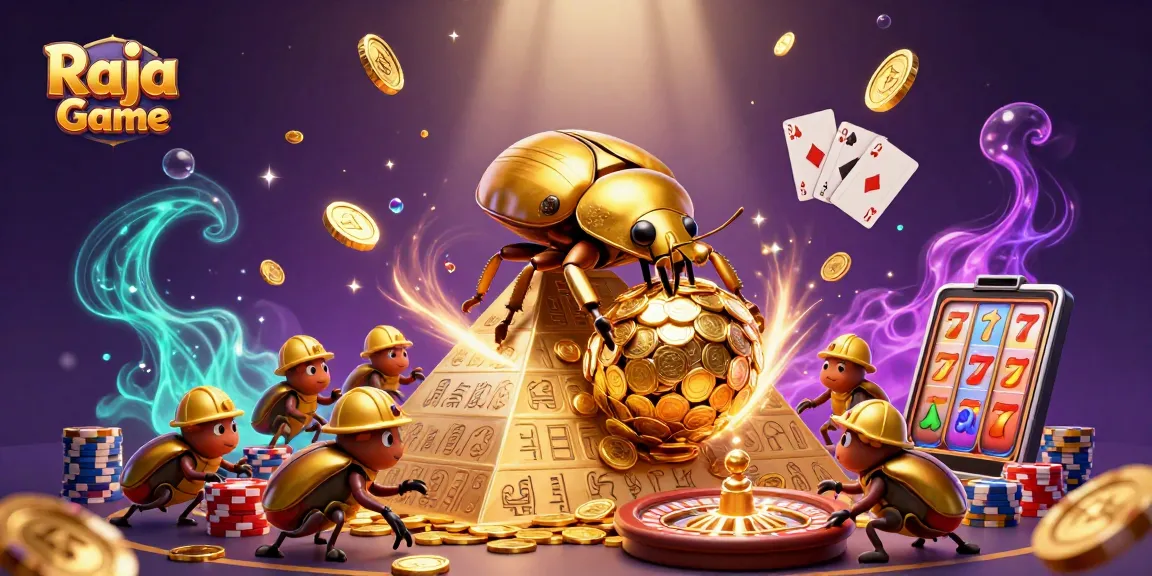 Engage with exciting games on Raja Game as vibrant digital beetles roll golden coins amid sparkling jewels.