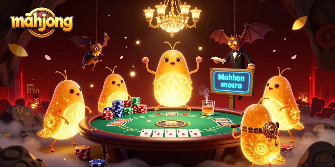 Engage with mahjong fun in a vibrant 3D cave casino illuminated by glowing characters.