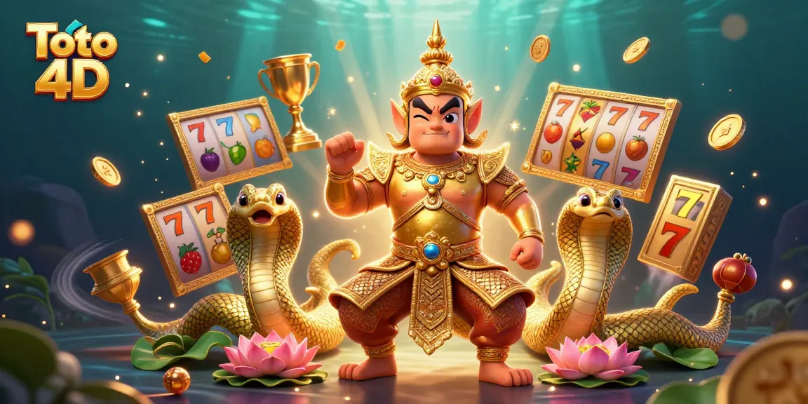Toto 4D casino illustration featuring a friendly guardian and dynamic slot elements.