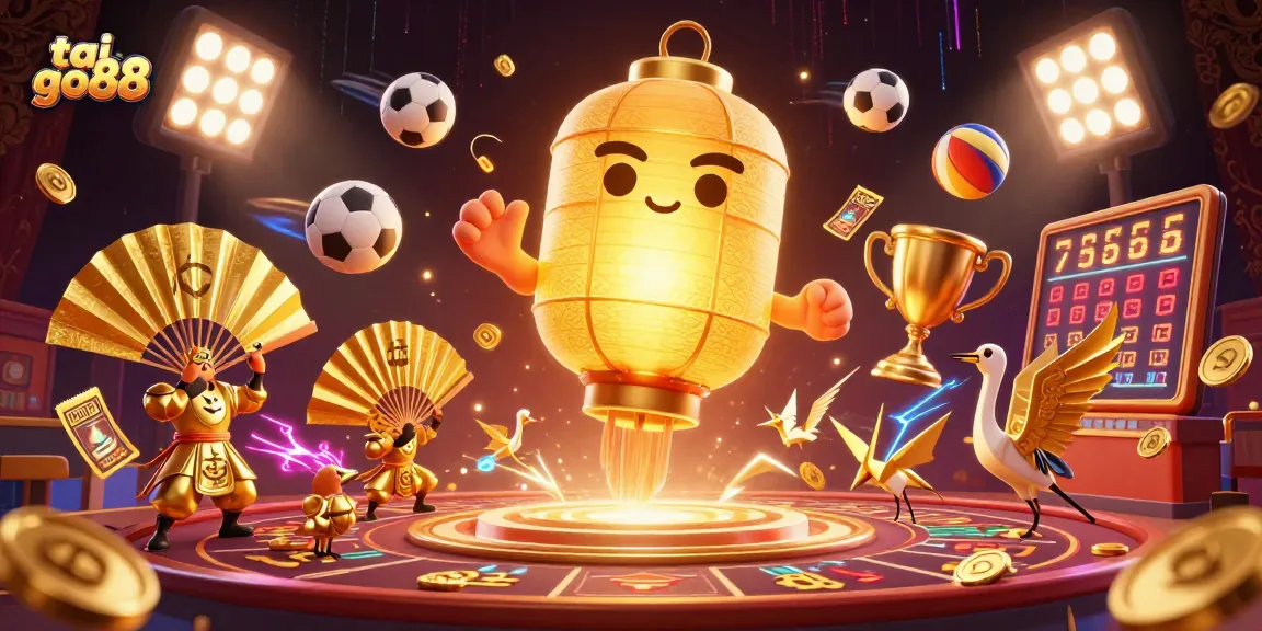 Engage in thrilling tai go88 casino games amidst a glowing lantern spirit and dynamic sports elements.