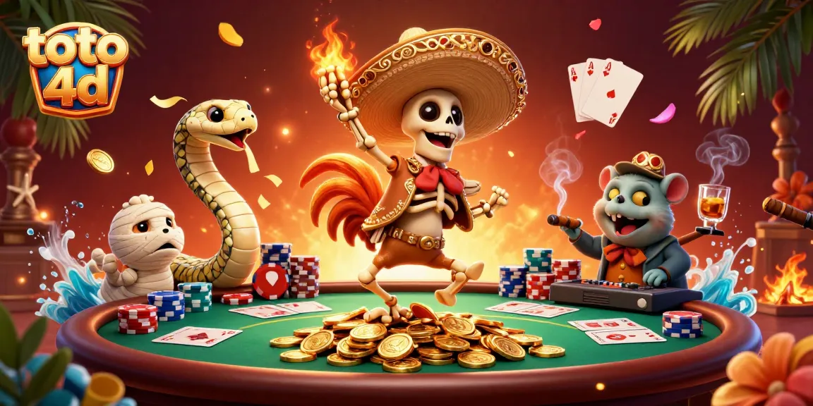 Experience a thrilling toto 4d moment with festive characters amidst vibrant casino elements.