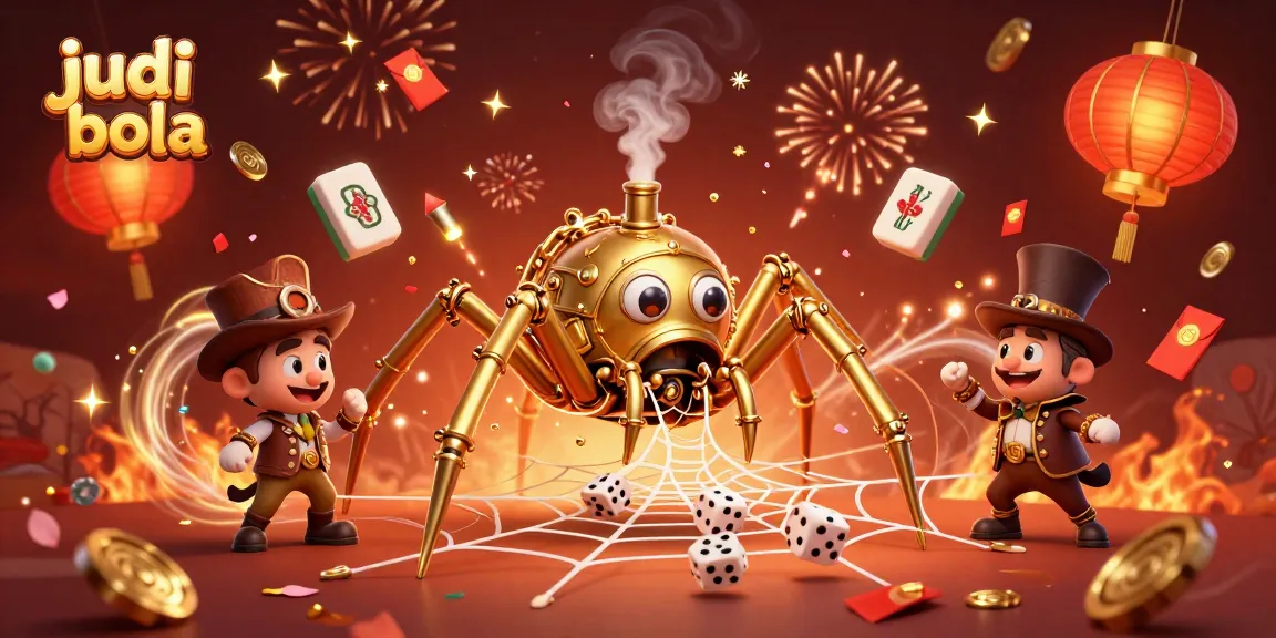 Engage in judi bola while admiring an intricate steampunk illustration featuring a golden spider and entertaining characters.