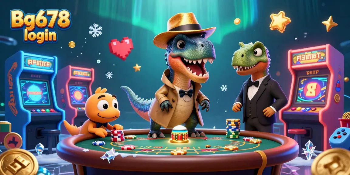 Engage with the Bg678 login cartoon casino scene featuring a velociraptor and stegosaurus.