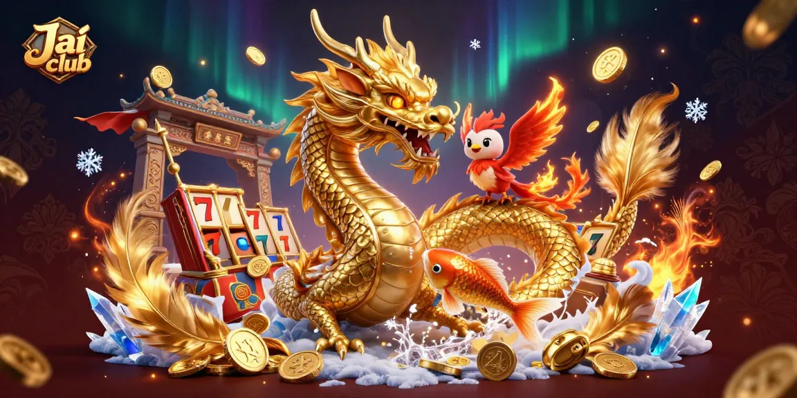 Experience the excitement of Jai club with a mythical dragon, red phoenix, and koi fish amidst slot machines.