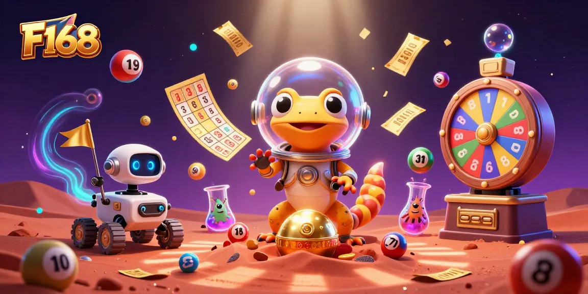 Experience thrilling wins at F168 with the Martian gecko exploring a golden casino!