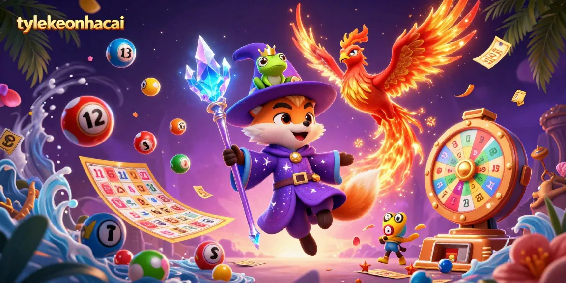 Engage with tylekeonhacai's vibrant lottery scene featuring bouncing balls, a mystical wizard fox, and magical elements.