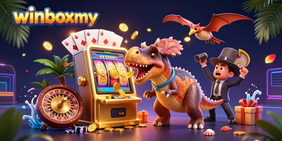WinboxMY features thrilling animations with a dinosaur gaming theme, showcasing a dynamic slot machine payout.