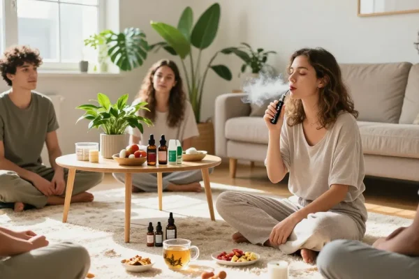 Discover the pure THC vape pen disposable in a community wellness setting, showcasing organic CBD products and a vibrant lifestyle atmosphere.