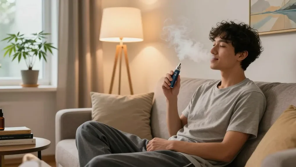 Pure thc vape pen disposable used in a cozy wellness moment with natural hemp elements and CBD products.